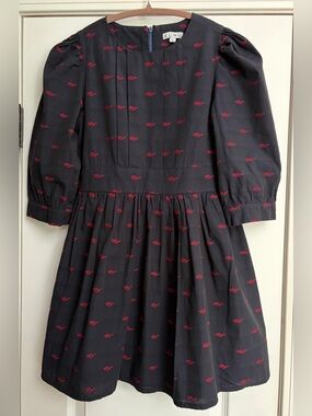 Kling Ladies Cotton Navy A-line Babydoll Dress Red Embroidered Glasses Sz S